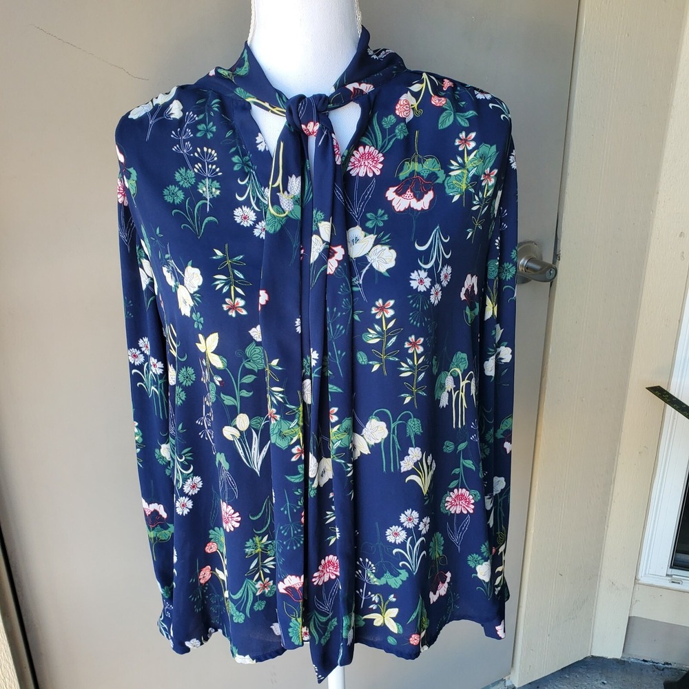 Loft Pullover Top Womens Small Blue Pink Green Floral Pullover Attached Neck Tie